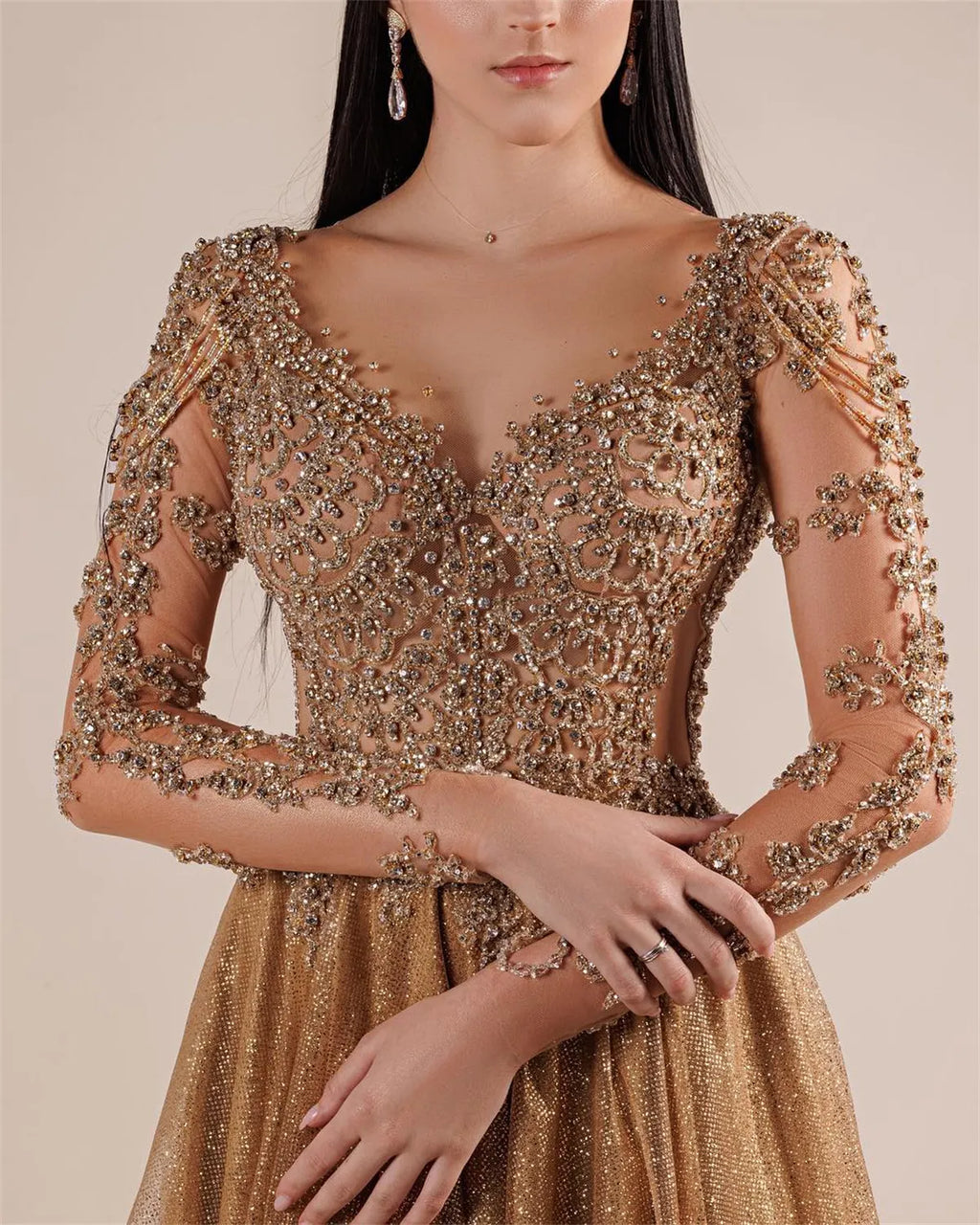 Women's V-neck Long Sleeve Mesh Sequin Dress