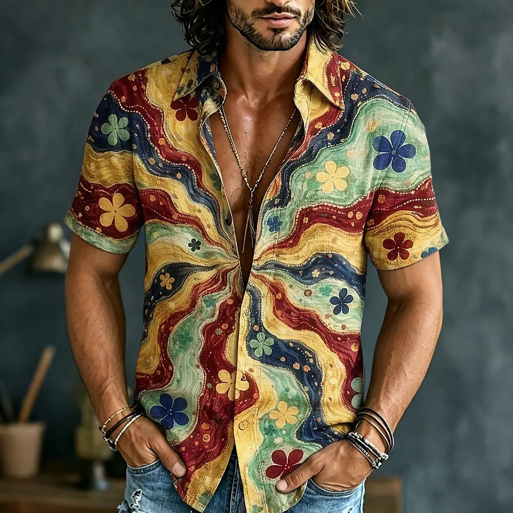 Men's Retro Hippie Color Block Patchwork Print Short-sleeve Shirt