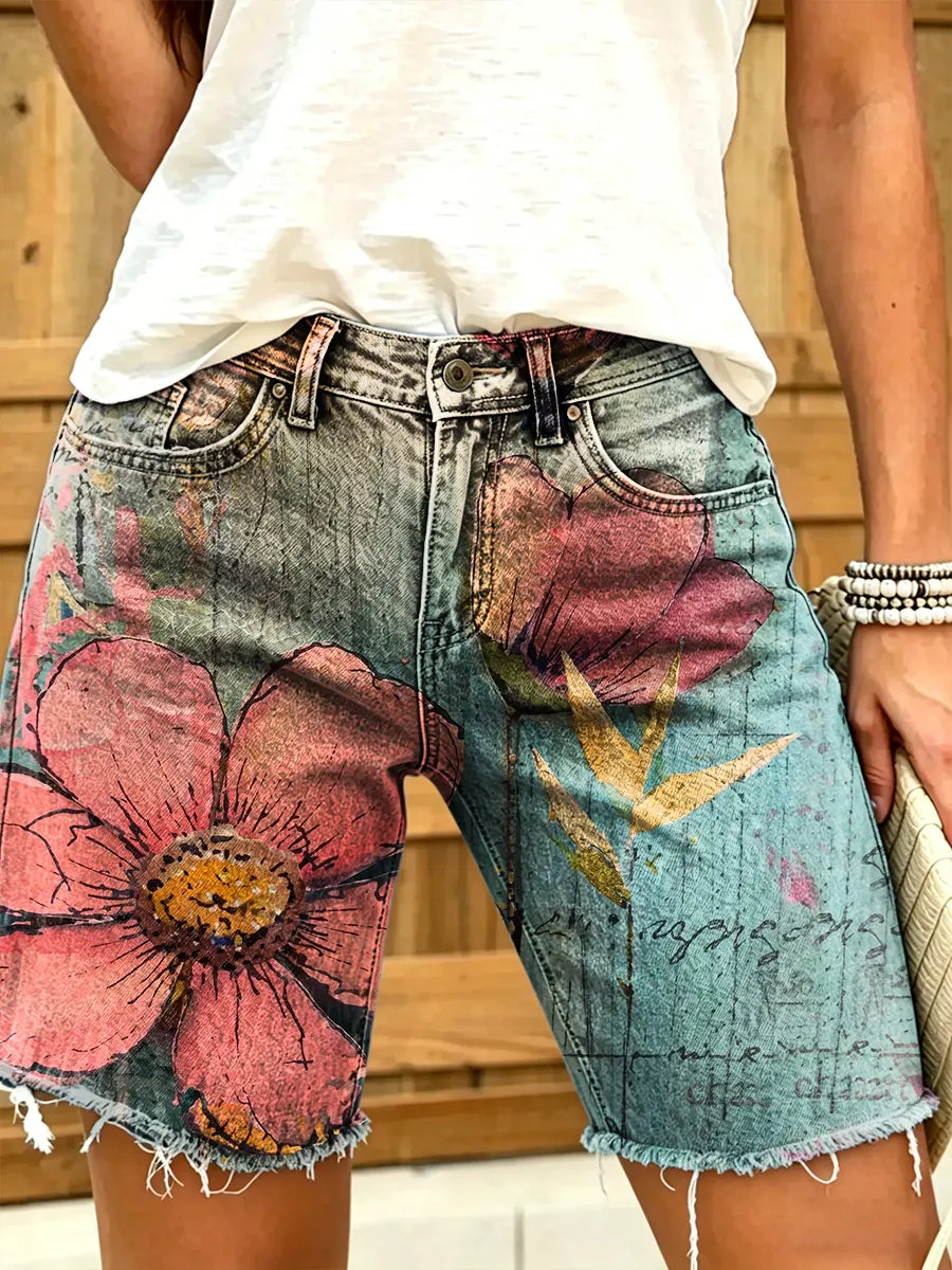 Ethnicity Flowers Women's Art Print Casual Denim Shorts