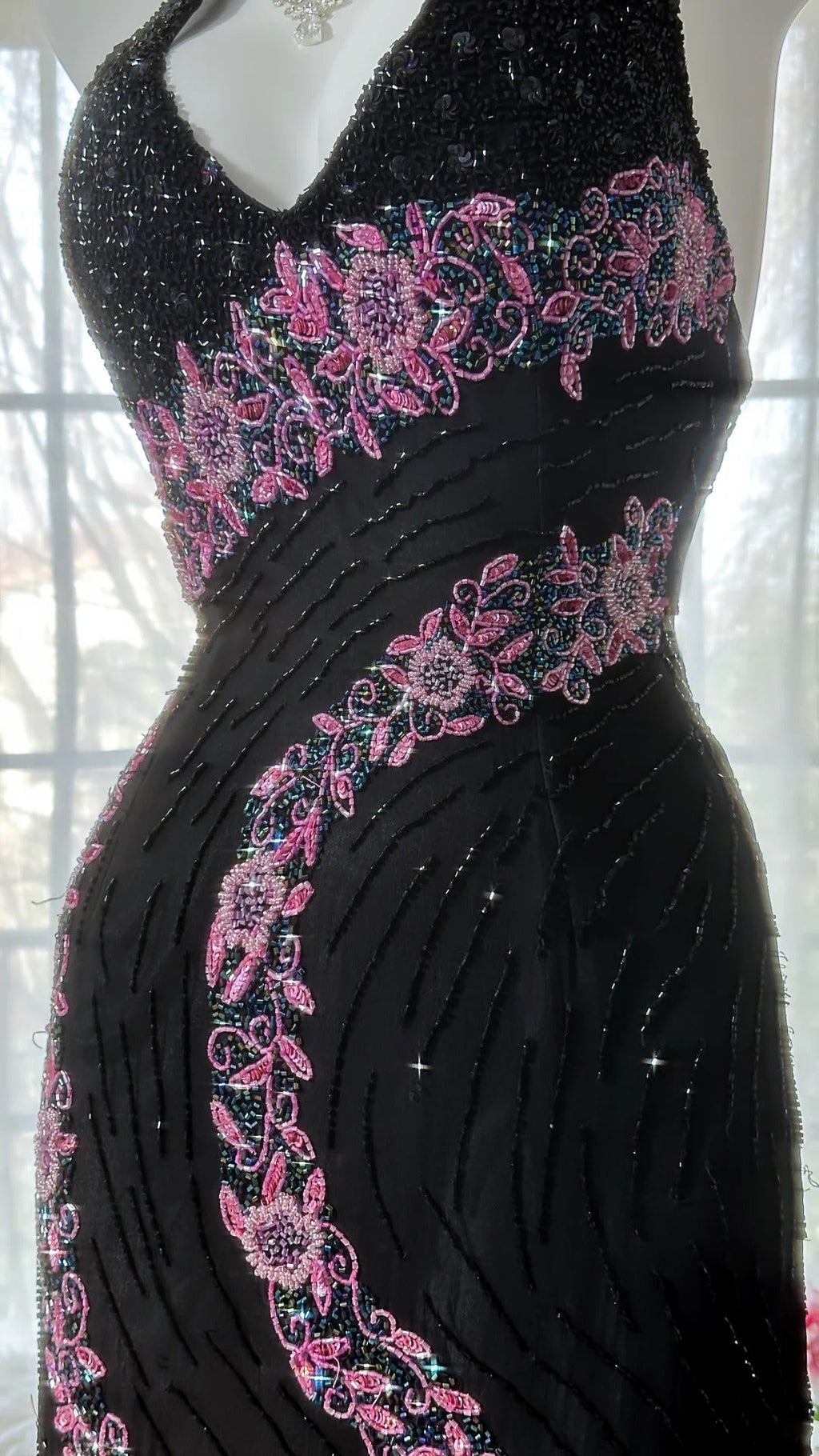 Black Shiny Vintage Elegant Romantic Delicate Pink Floral Beading Long Chiffon Homecoming Ball Gown Evening Dress Birthday/Wedding Guest/Holiday Party Dress Prom Dress