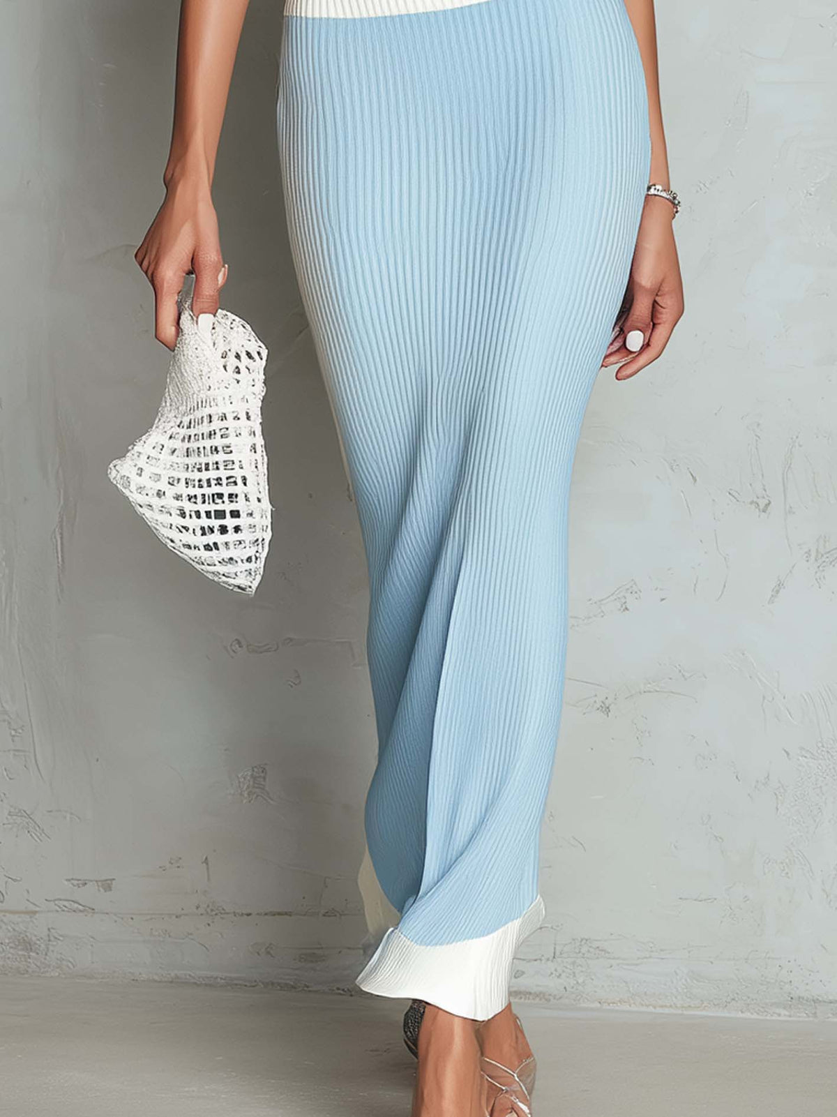 Light Blue Ribbed Knit Maxi Dress With White Color Block Detail