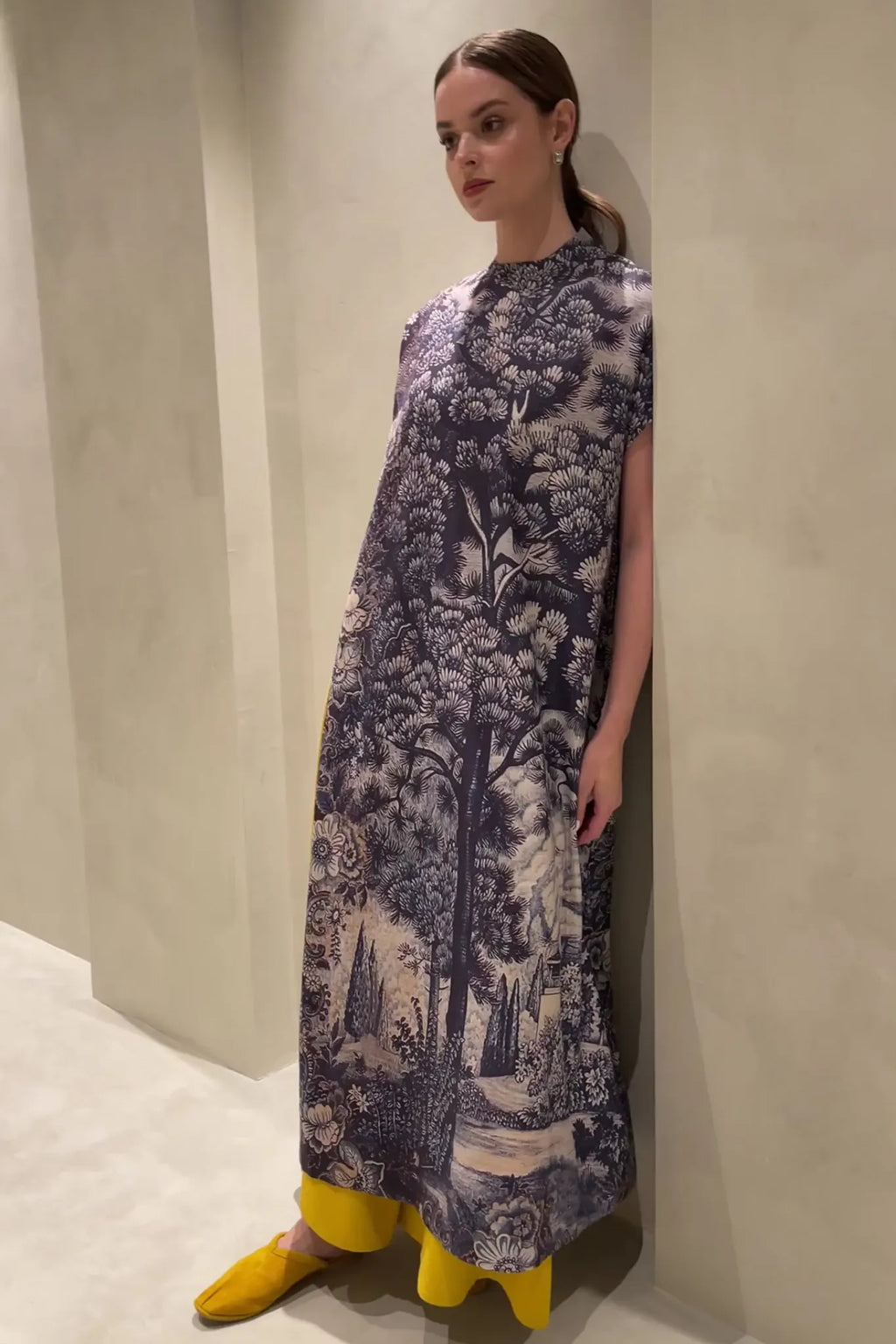 Navy Blue Printed Linen Long Dress And Pants Set