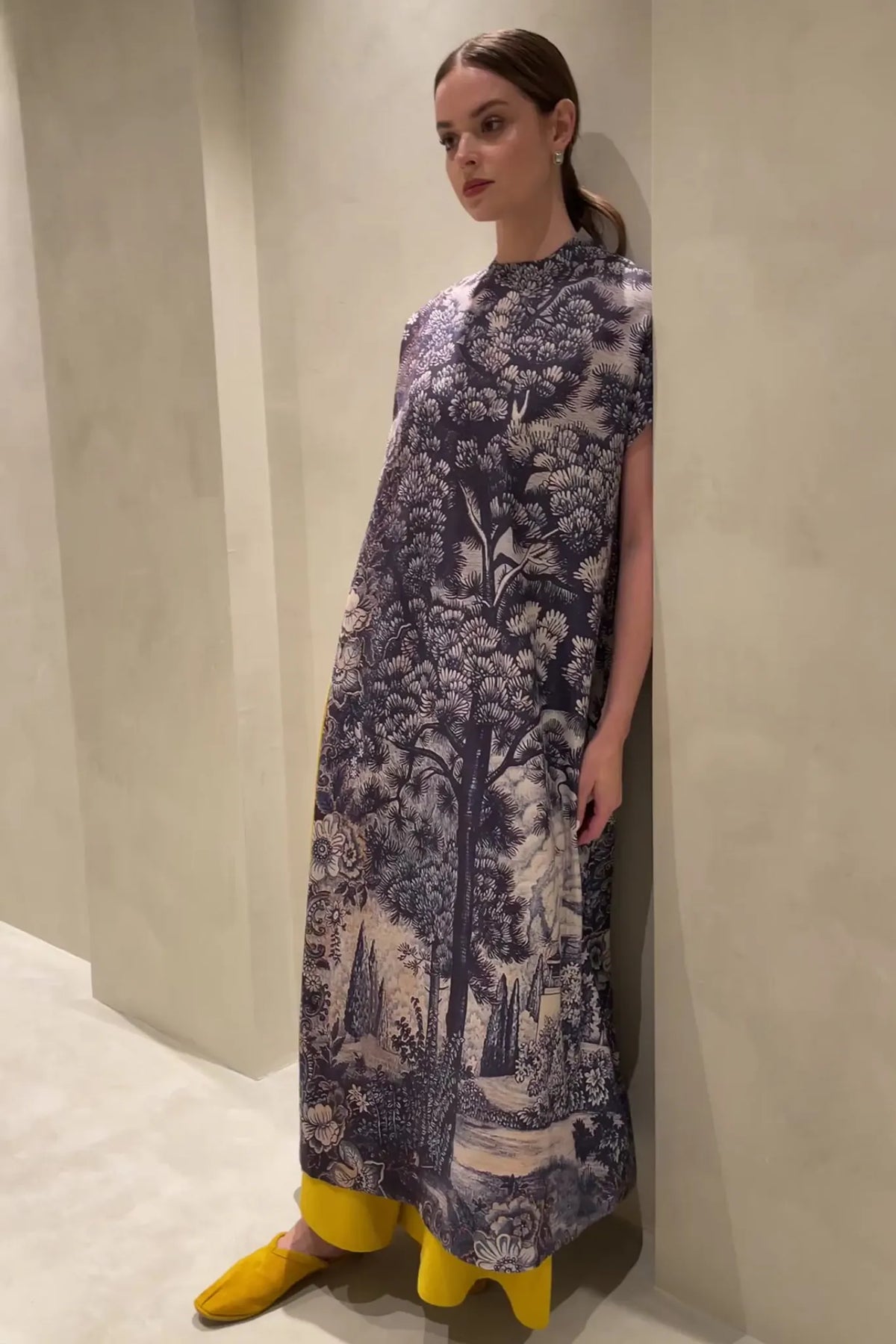 Navy Blue Printed Linen Long Dress And Pants Set