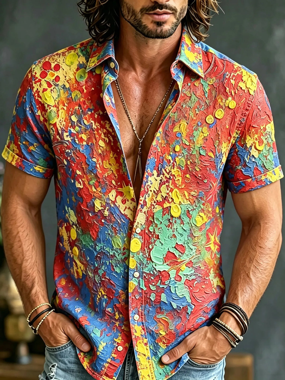Men's Retro Hippie Style Printed Short-sleeve Shirt