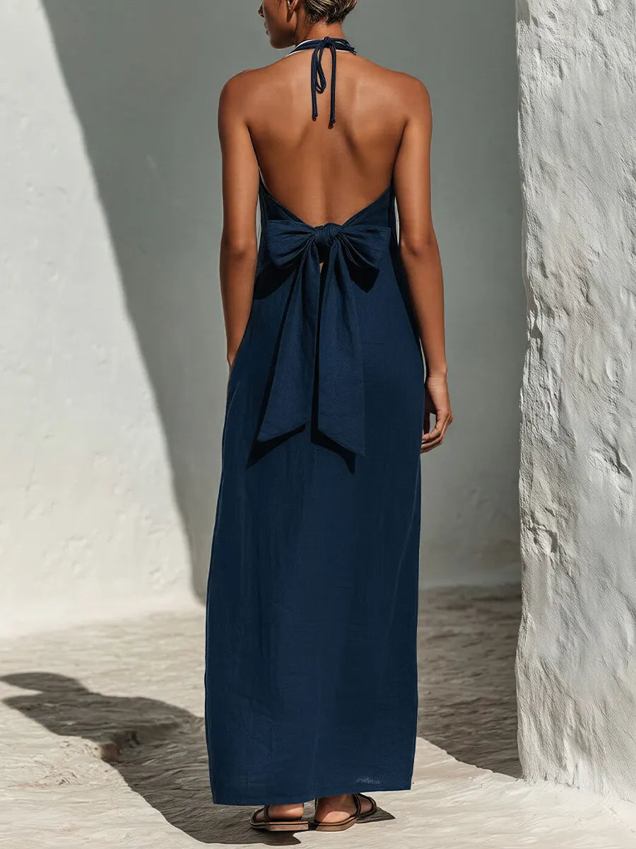 Women’s Navy Blue Linen-Blend Halter Neck Maxi Dress With Lace-Up Front & Contrast Trim MDZ2822D1T