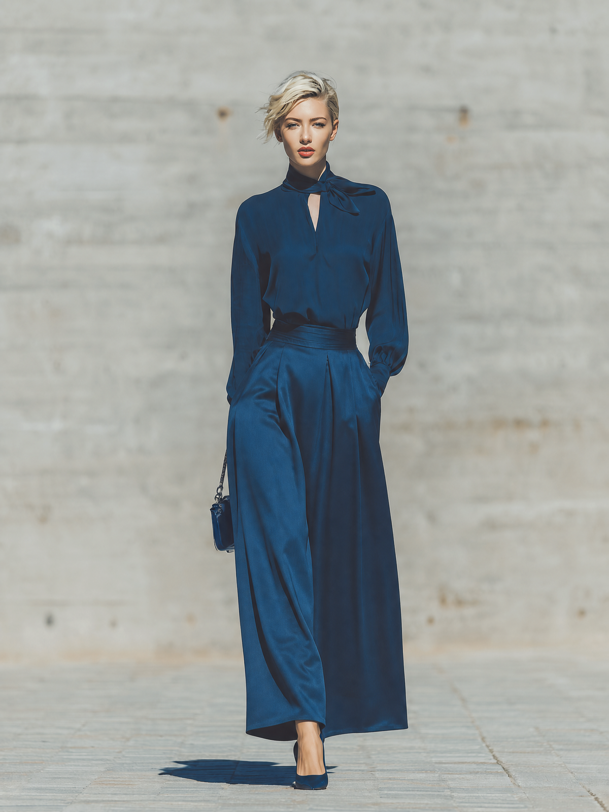 Women's Solid Deep Blue Satin Bow Tie Mock Neck Long Sleeve Loose Top High Rise Waist Side Pocket Skirt Set MDZ2496G7YZJ