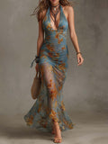Vintage Bohemian Floral Sheer Stretch Mesh Halter Ruched Mermaid Maxi Dress