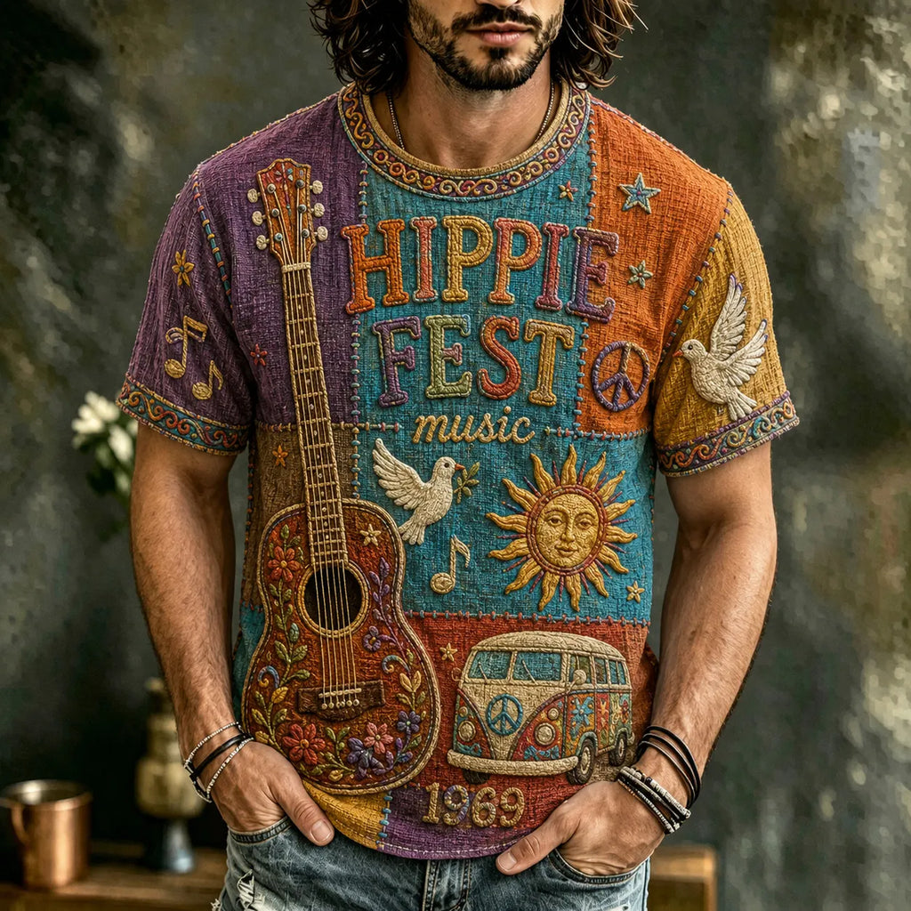 Men's Hippie Peace Sign And Guitar Art Patchwork Print T-shirt
