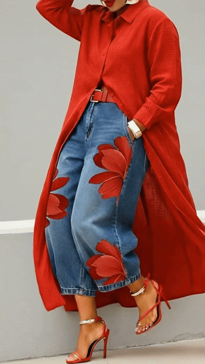 Women Casual Cotton Linen Shirt Dress Long Sleeve Shirt Collar Slim Fit Red Midi Dress