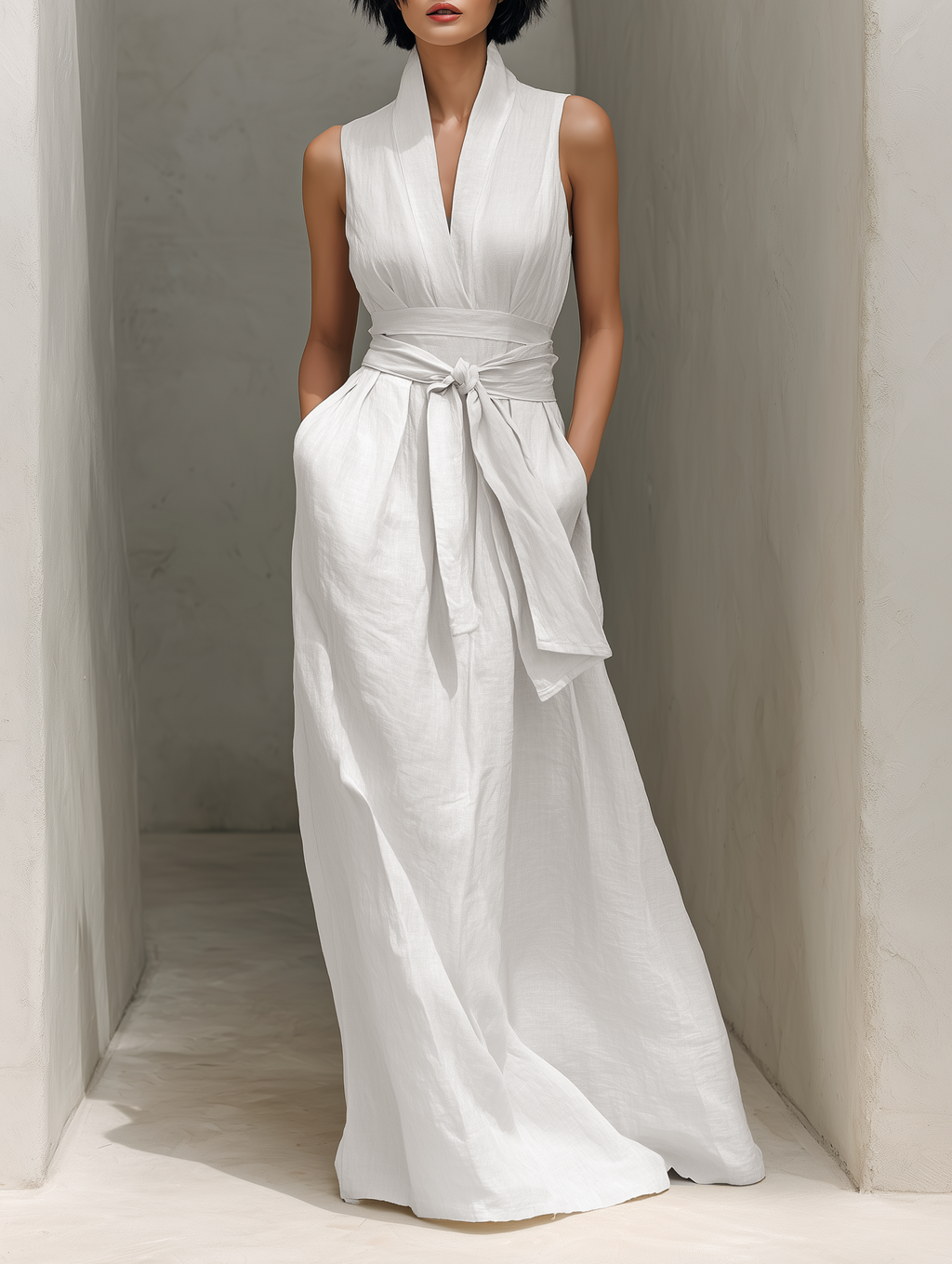 Women's Minimalist Cotton And Linen Blend V-neck Belted Sleeveless Maxi Dress MDZ0803A4Y