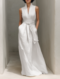 Women's Minimalist Cotton And Linen Blend V-neck Belted Sleeveless Maxi Dress MDZ0803A4Y