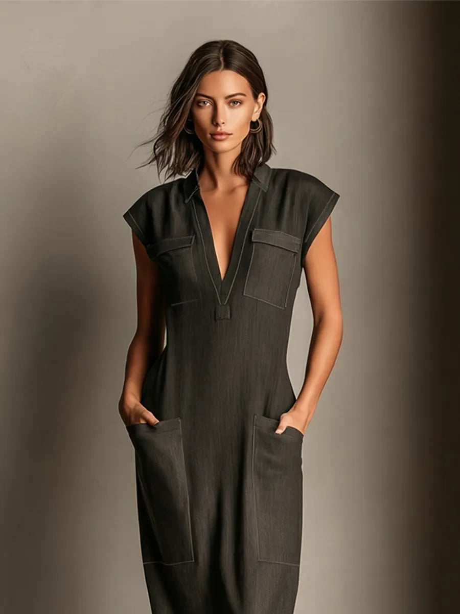 Women's Charcoal Gray Denim Look Midi Dress With Cap Sleeves & Contrast Stitch Detail, Timeless Minimalist-Office Style Dress MDZ3106C9I