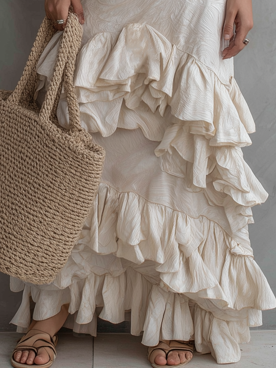 Elegant Textured Halter Neck Ruffle Hem Maxi Dress