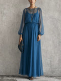 Women's Elegant Sapphire Blue Chiffon Sheer Sleeve Smocked Waist Maxi Dress MDZ2217G3GMJ