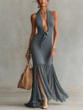 Blue Knit Deep V-Neck Bodycon Dress
