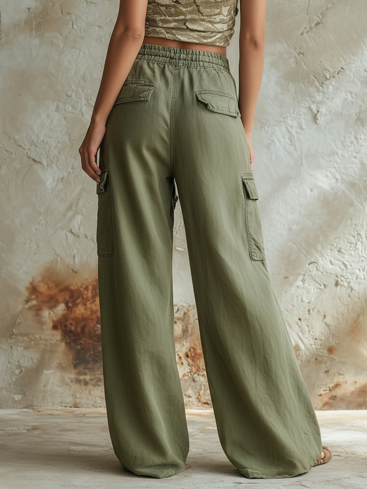 Olive Green High-Waist Wide-Leg Cargo Pants With Drawstring Waist