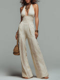 Retro Shirred-Waist Halter-Neck Lace-Trimmed Wide-Leg Jumpsuit
