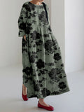 Vintage Abstract Floral Art Linen Blend Maxi Dress