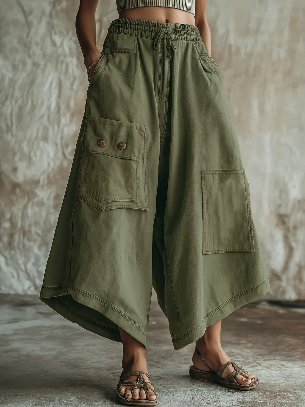 Olive Green Washed Denim Utility Wide-Leg Culottes