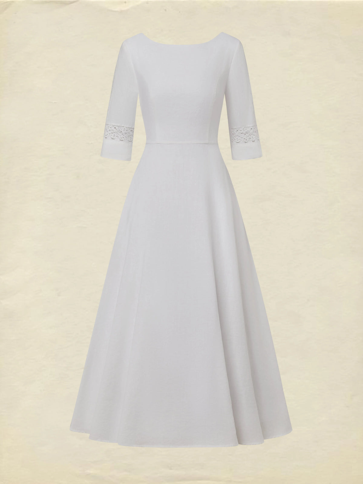 Midi Cotton Dress, Half Sleeve, Round Neck, Plain, Lace, Vacation, Vintage, White