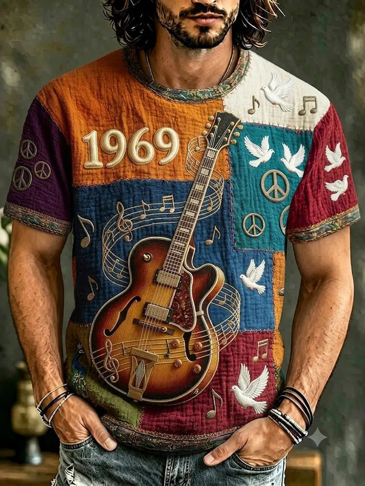 Men's Retro Hippie Color Block Pattern Art Casual Short-sleeve T-shirt