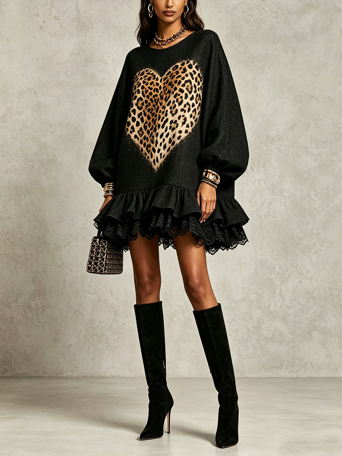 Black Leopard Heart Lace Trim Mini Dress