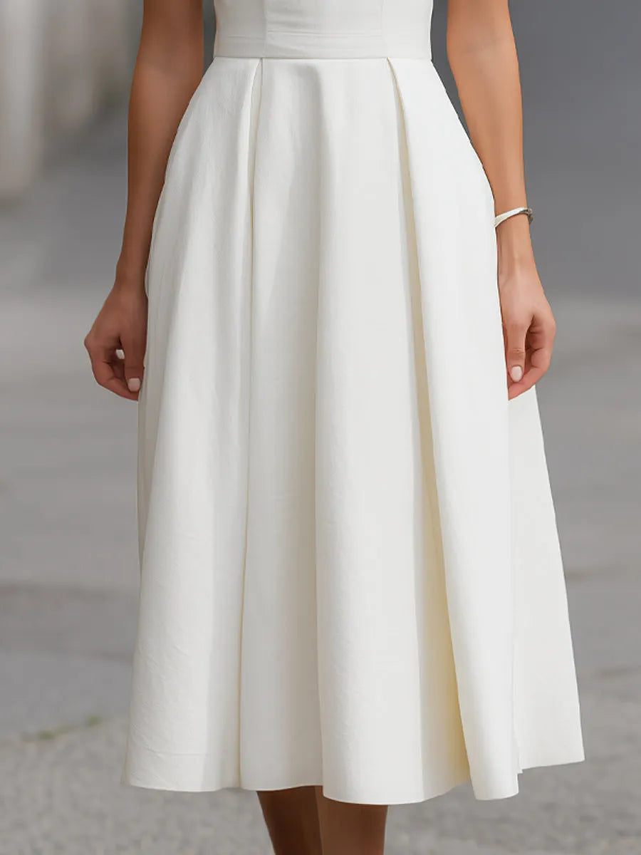 Structured V-Neck Short Sleeve A-Line Midi Dress
