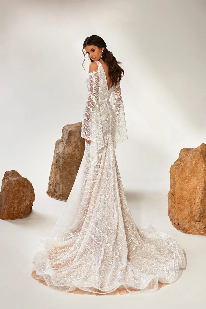 Feminine Mermaid Shining Original long sleeves V neckline Sequin Floral Lace  Sweep train wedding dress