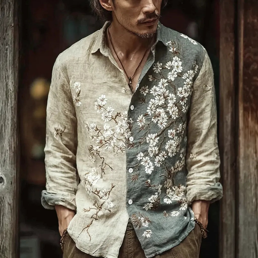 Men's Color-blocking Floral Pattern Cotton And Linen Shirt
