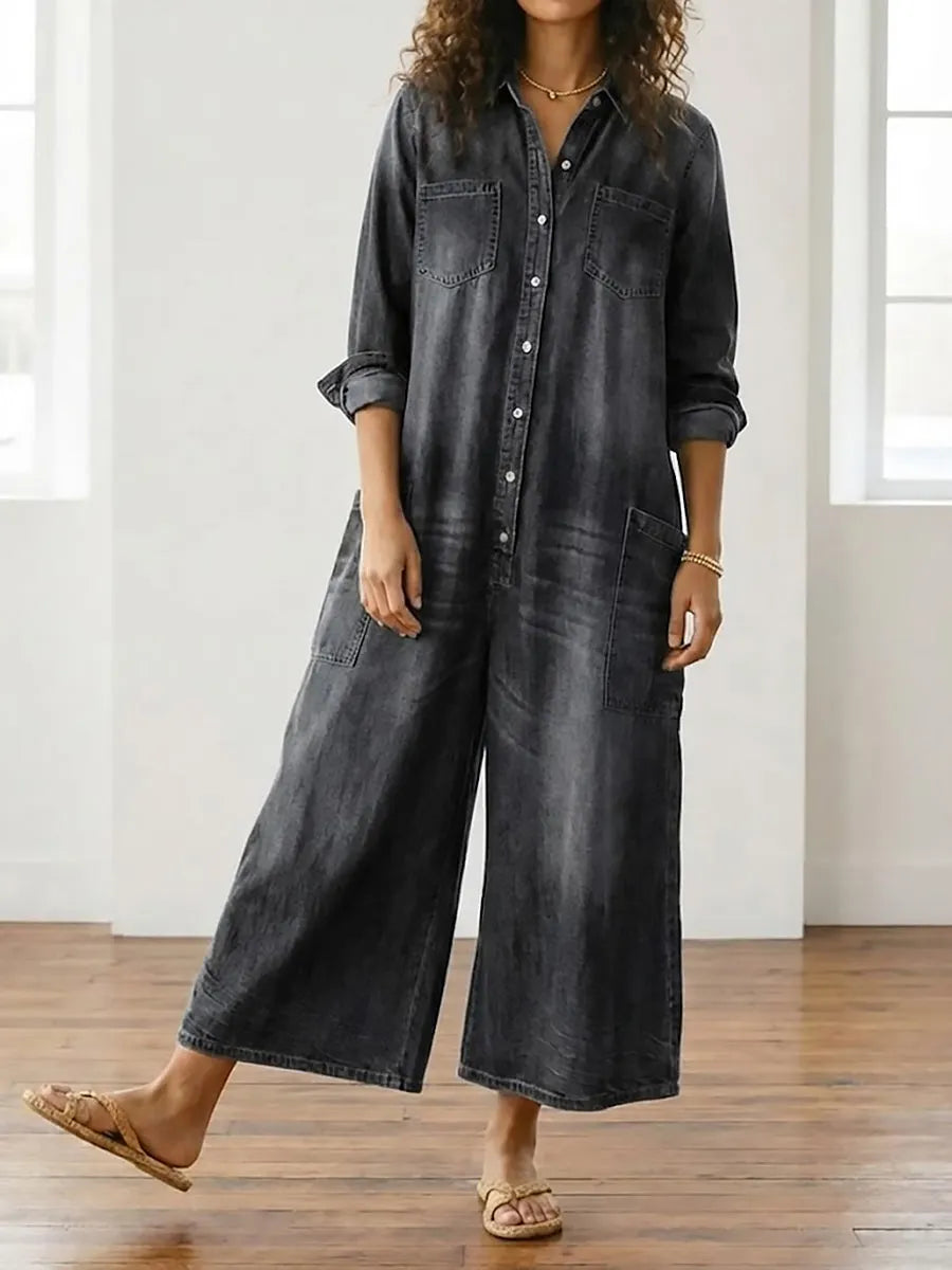 Denim Jumpsuit Women Cotton Button Front Vintage Washed