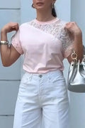Women Round Neck Patchwork Lace Nail Bead Top or Patchwork Hollowed Out Wide Leg Pants