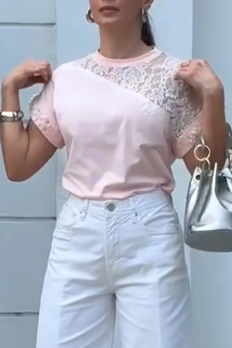 Women Round Neck Patchwork Lace Nail Bead Top or Patchwork Hollowed Out Wide Leg Pants