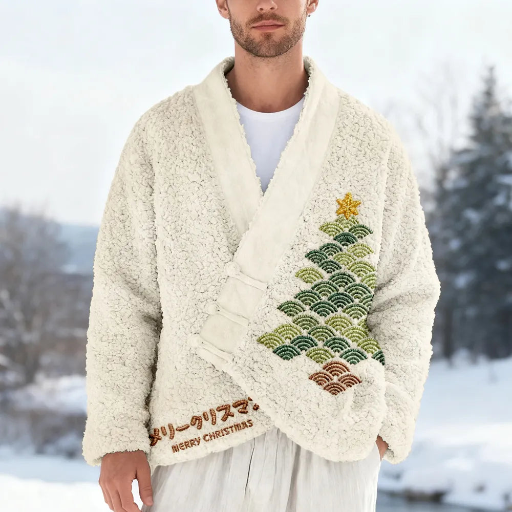 Men's Japanese Waves Christmas Tree Embroidered Cozy Fleece Kimono Cardigan