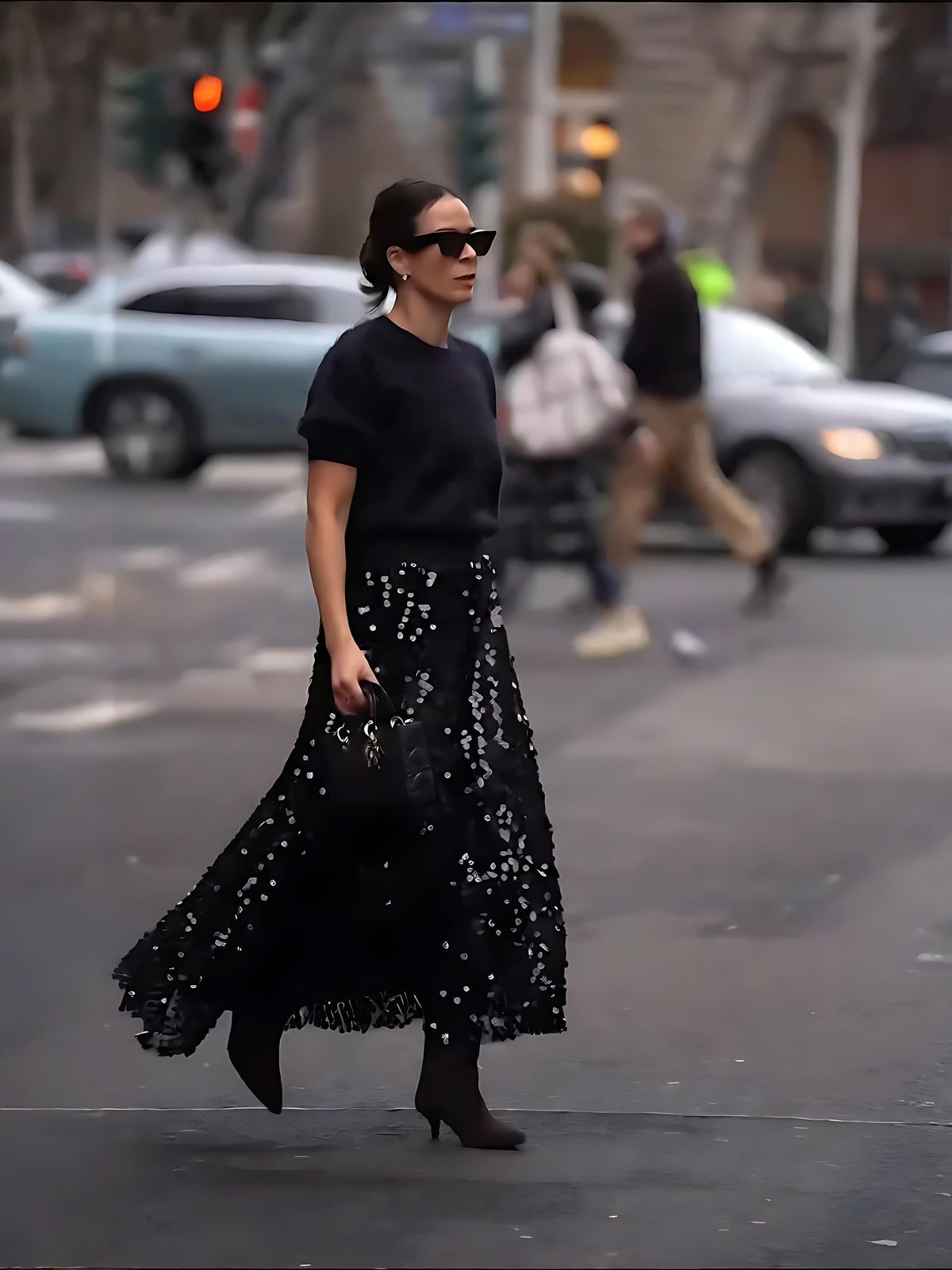 Black Sequin Tulle Midi Skirt