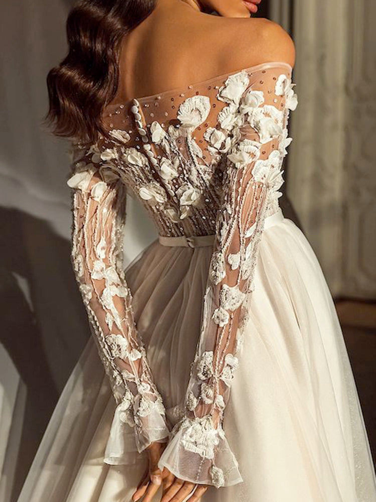 Stylish Off-The-Shoulder Applique See-Through A-Line Wedding Maxi Dress