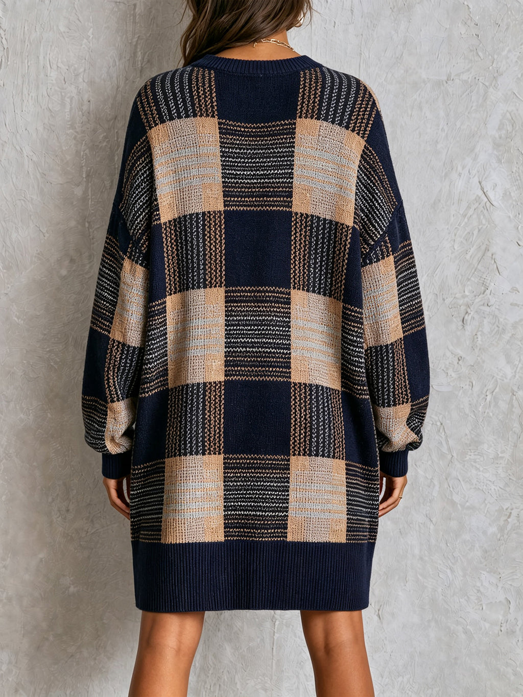 Plaid Oversized Sweater Dress Long Sleeve Crew Neck Knit Mini Dress
