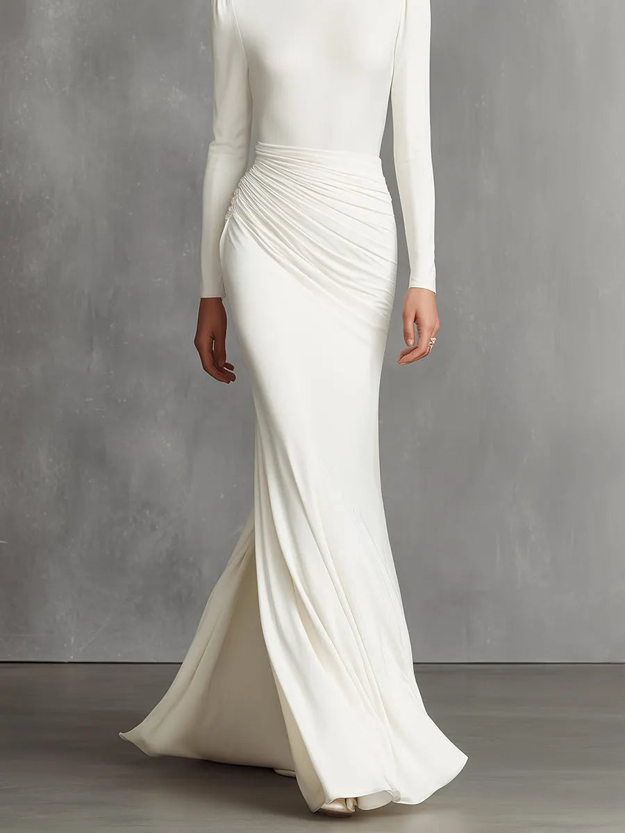 Women's White Elegant Satin Ruched Mermaid Maxi Dress MDA0910I5I