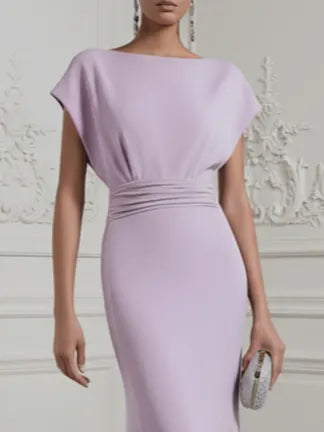 lavender Ruched Classic Boat Neck Cap Sleeve Raglan Sleeves Mermaid Floor-length Gown Dress