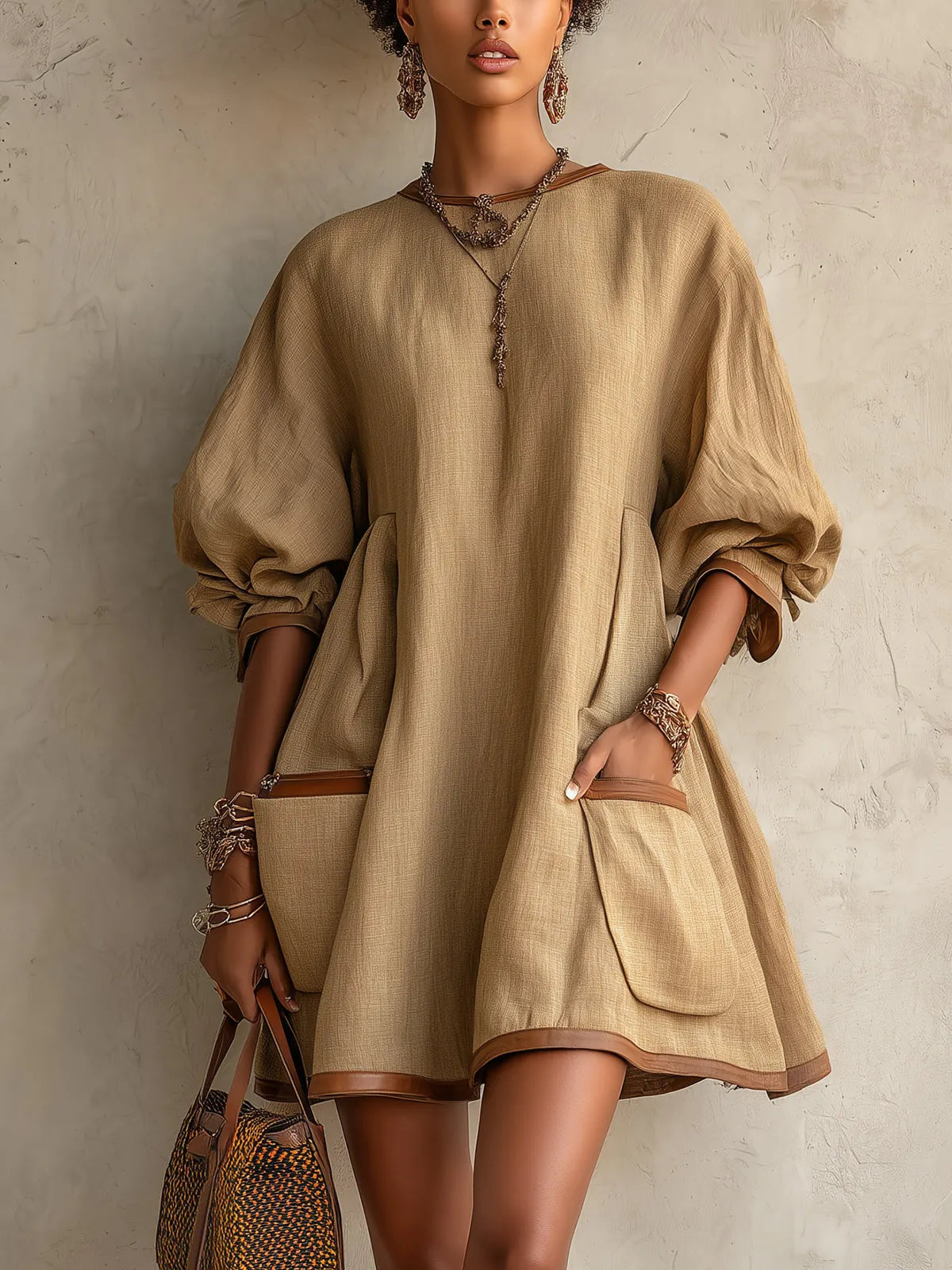 Khaki Oversized Textured Pocket Mini Dress