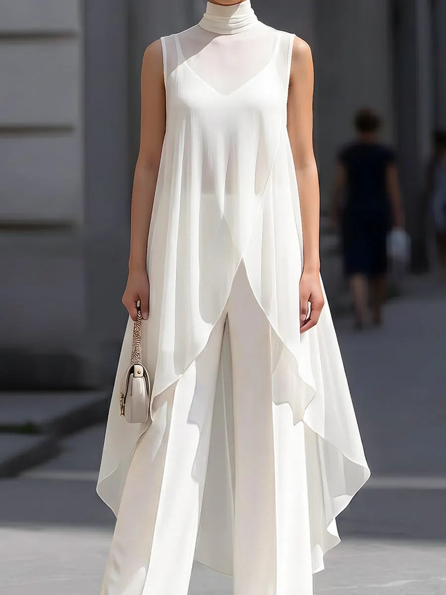 Layered Sheer Overlay High Neck Sleeveless Top And Wide-Leg Pants Set