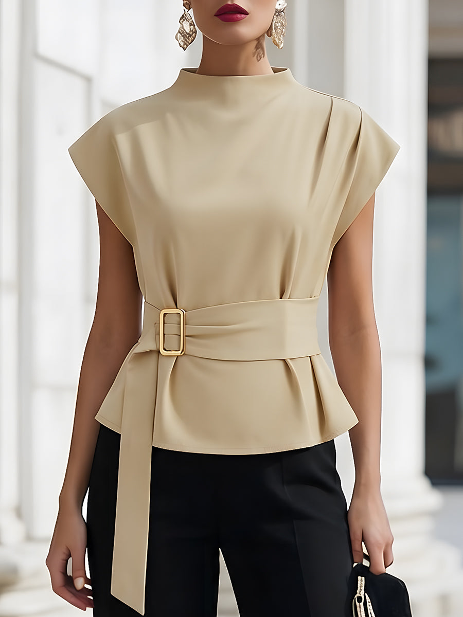 High-Neck Sleeveless Tie-Waist Shirt