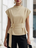High-Neck Sleeveless Tie-Waist Shirt