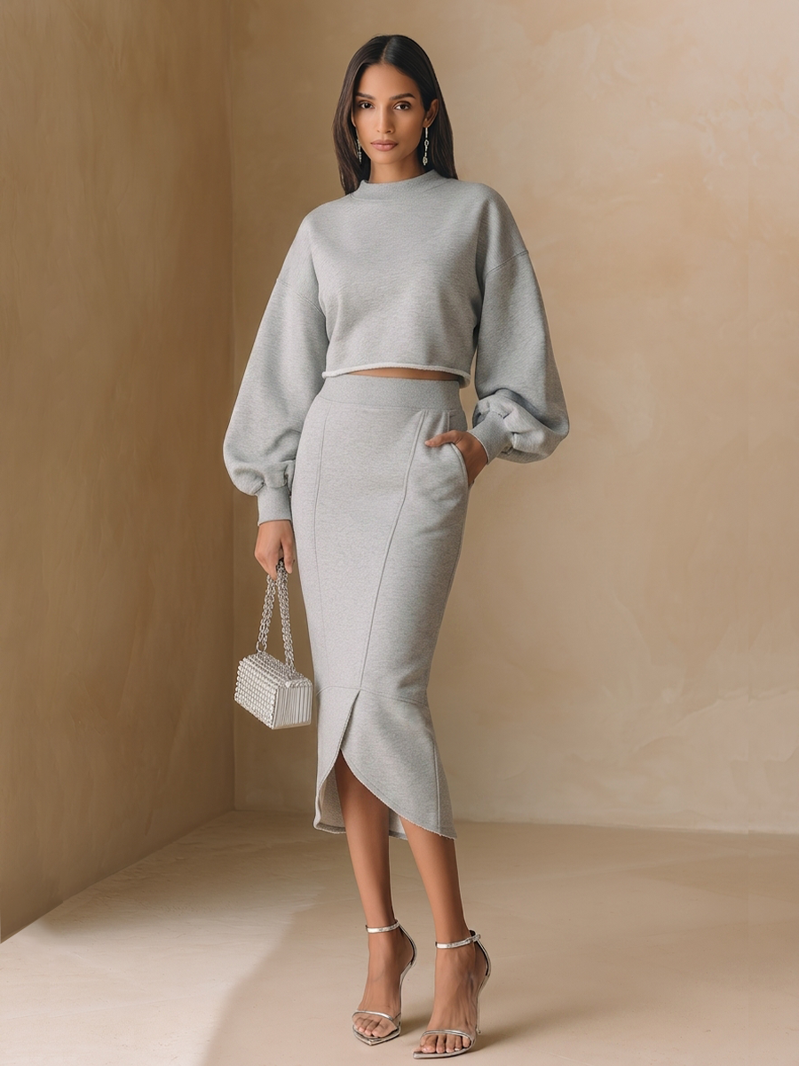 Women's Solid Light Grey Cotton Blend Co-Ord Set With Crew Neck Cropped Pullover & Pocket Detail Asymmetric Hem Skirt, Minimalist Daily Two Piece Outfit MDZ2704G9LYL
