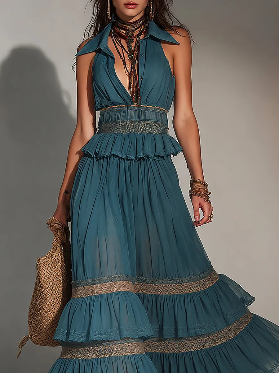 Retro Shirt-Collar Sleeveless Pleated Maxi Dress With Lace Trim