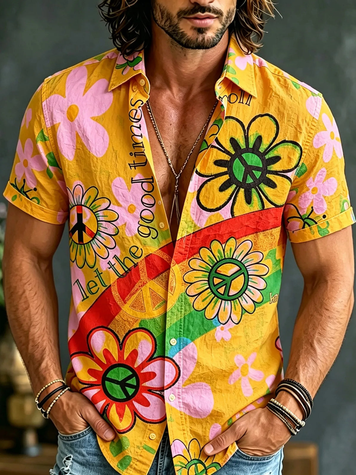 Men's Retro Hippie Style Floral Print Short-sleeve Shirt