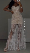 trapless Beaded Feather Sheer Maxi Dress
