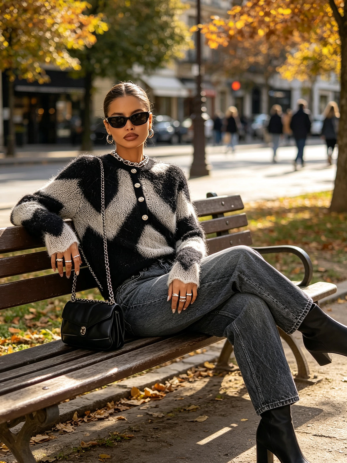 Black White Fuzzy Button-Front Knit Sweater