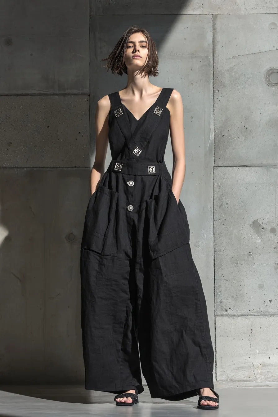 Women's Black V-Neck Belted Wide-Leg Jumpsuit