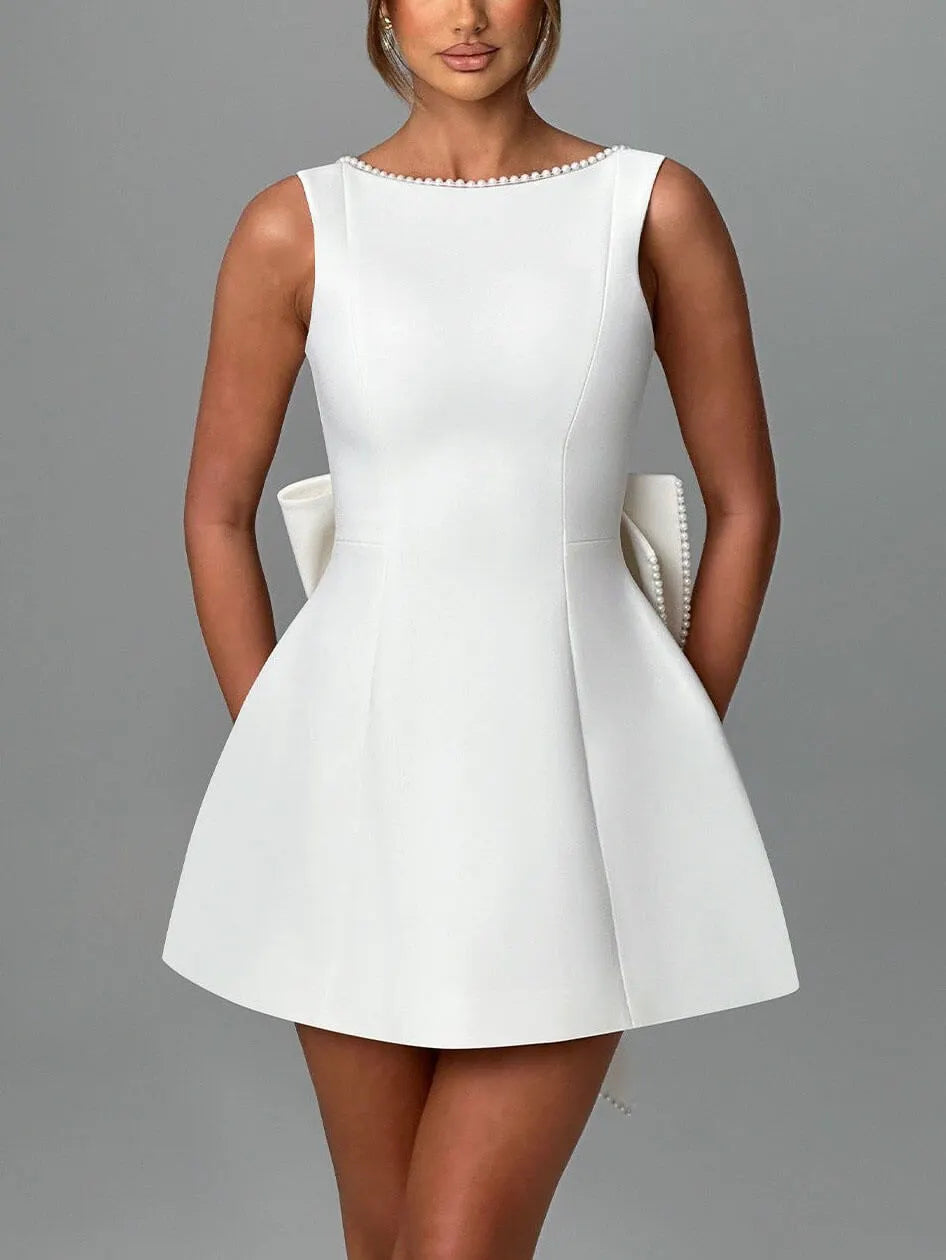 Elegant Pearl Bow Fitted Mini Dress