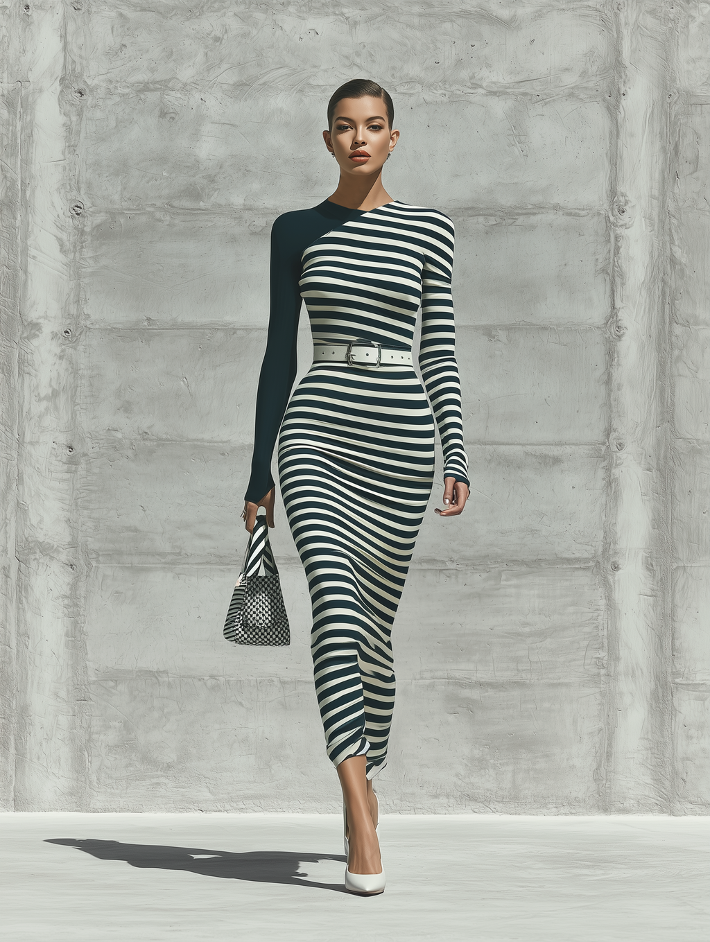Women's Black And White Horizontal Stripe Color Block Asymmetric Neck Long Sleeve Bodycon Midi Dress (Without Belt) MDZ2406G1YZJ
